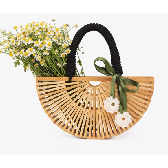 Black braided bamboo handbag with canvas bag - Picture 3 of 13